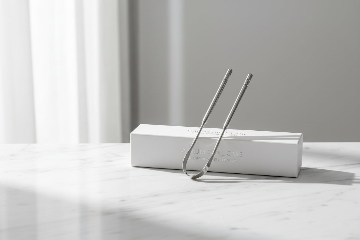 Auralis tongue scraper in stainless steel design surrounded by water droplets for daily oral care.