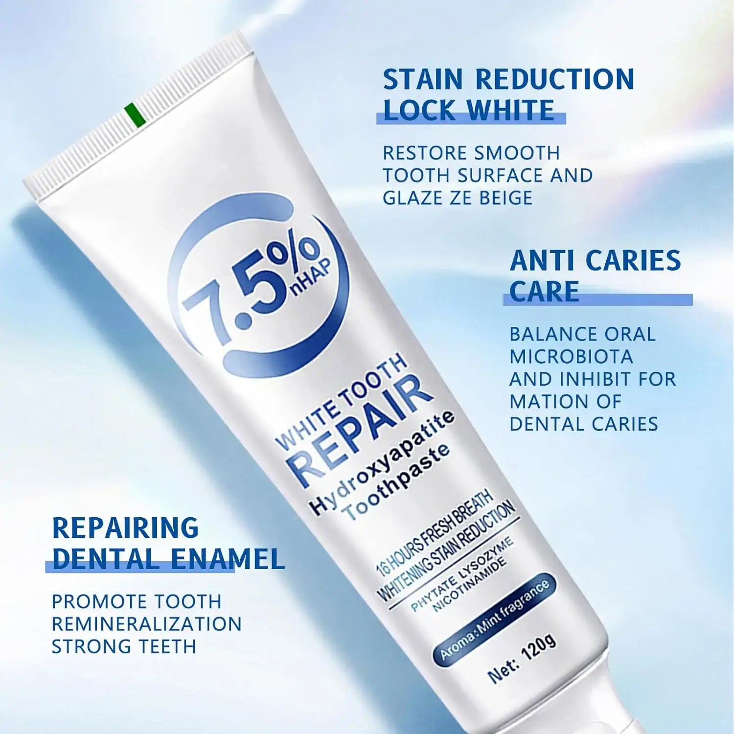 Remineralizing toothpaste for tooth enamel repair and stain reduction with hydroxyapatite formula.