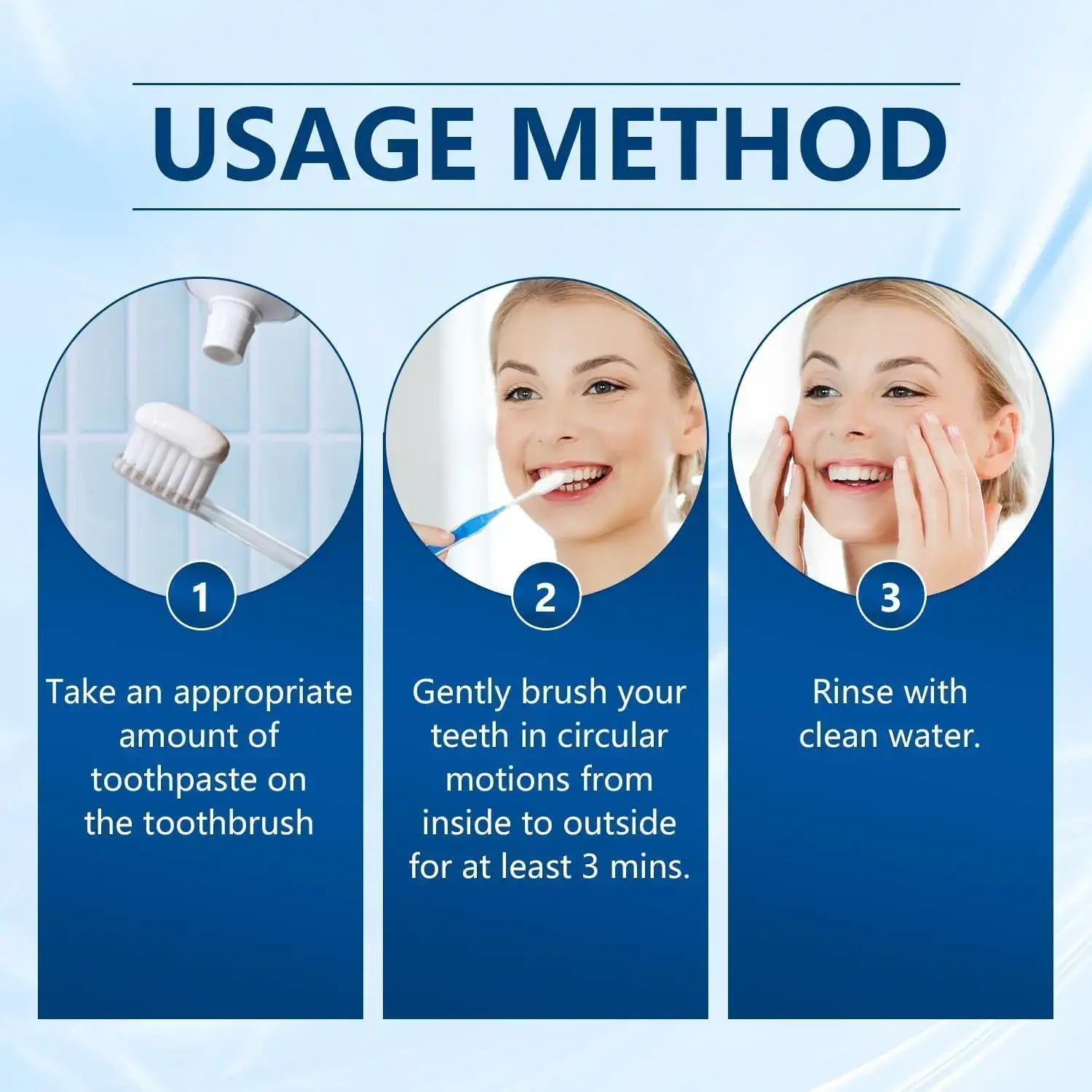 Usage method for remineralizing toothpaste showing steps for optimal application and rinsing.