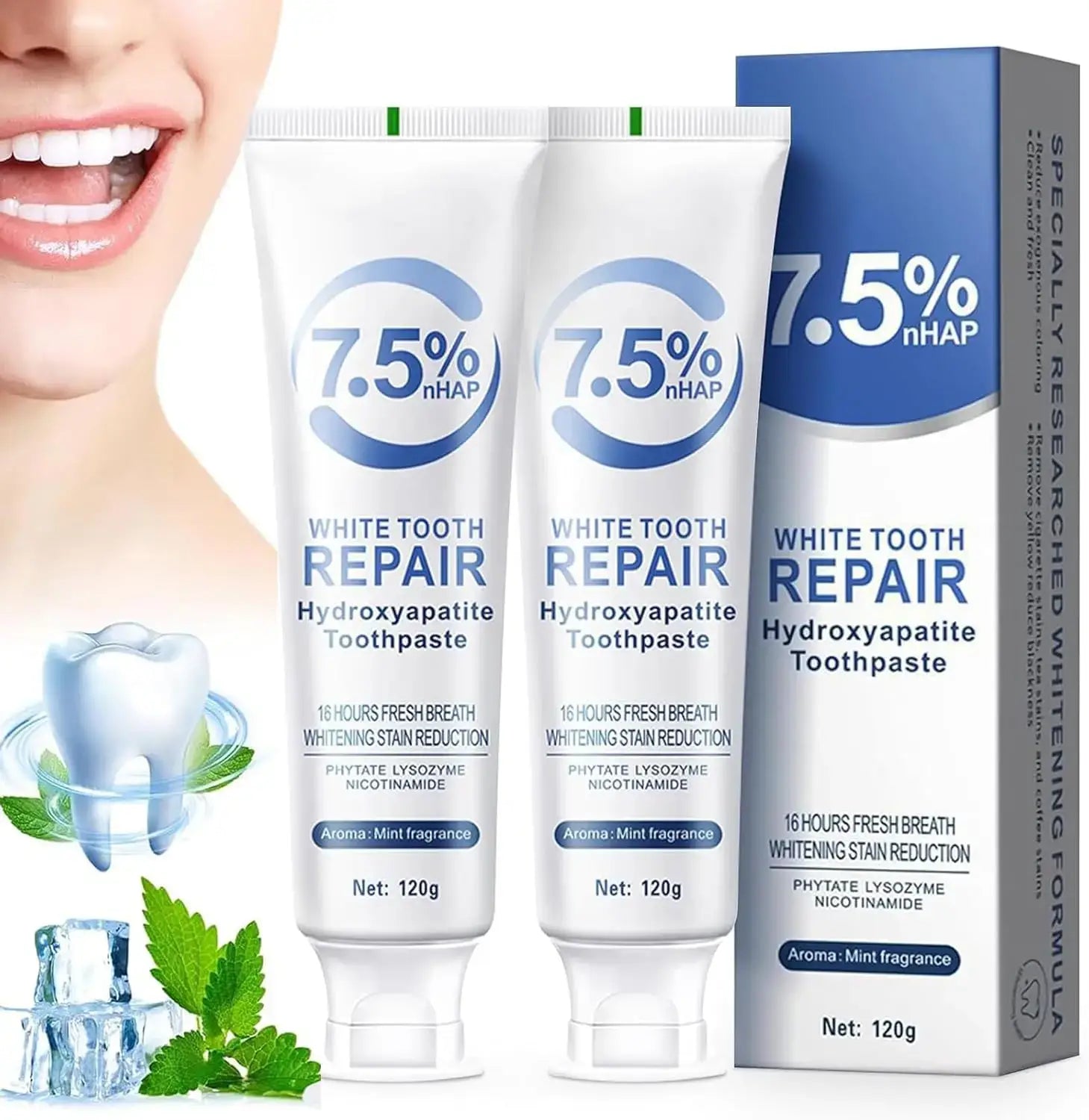 Remineralizing toothpaste featuring 7.5% nHAP for enamel protection and fresh breath.