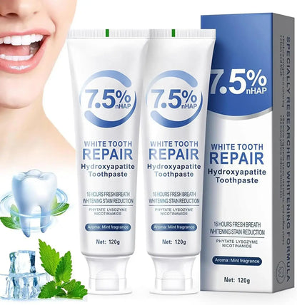 Remineralizing toothpaste featuring 7.5% nHAP for enamel protection and fresh breath.