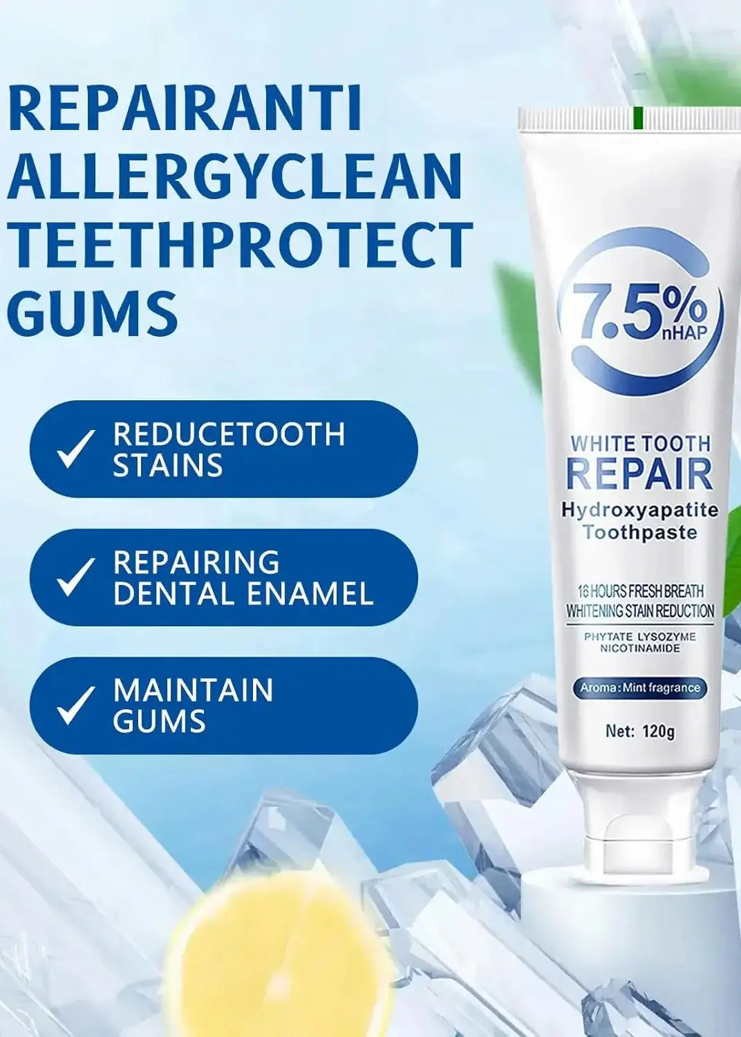 Remineralizing toothpaste packaging with hydroxyapatite for enamel protection and fresh breath.