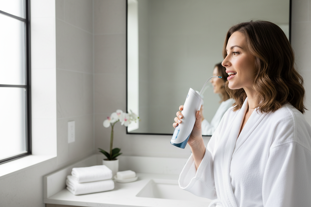 woman using waterflosser